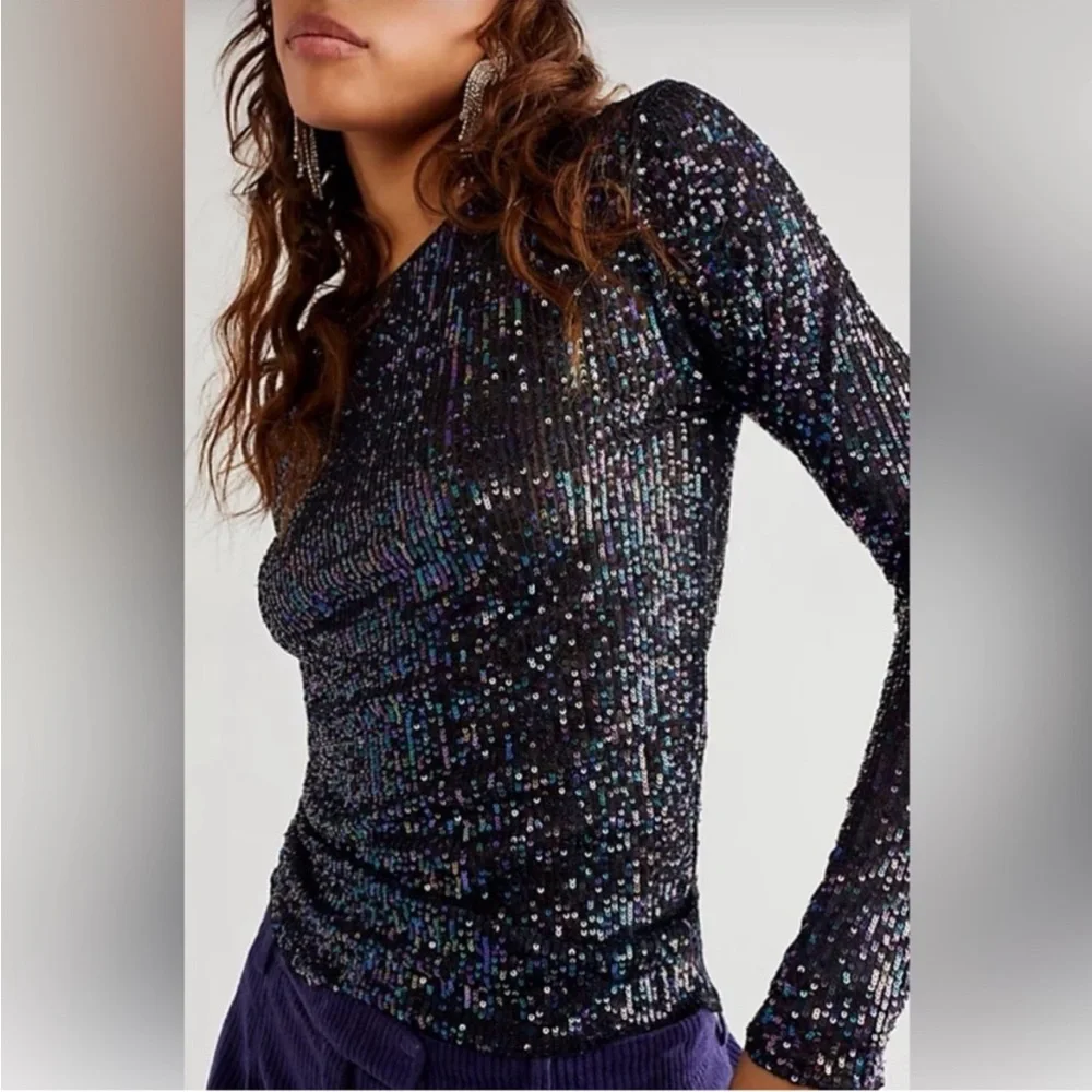 Intimately Free People Gold Rush Sequin Black‎ Long Sleeve Tee Multi Colored